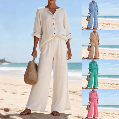 Damen-Freizeit-Set aus Baumwolle, Langarmshirt und Hose mit V-Ausschnitt, erhältlich in verschiedenen Farben