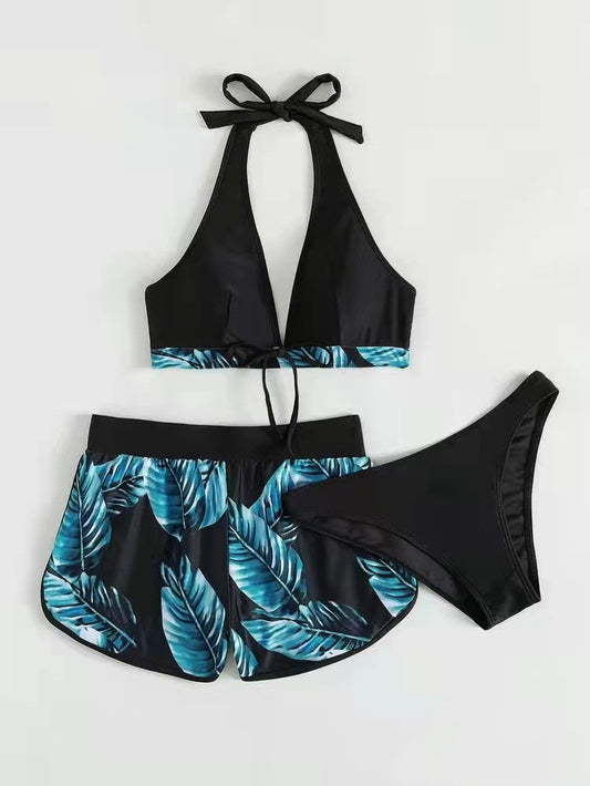Andrea's™ | 3-teiliges Bikini-Set mit Blätterdruck und Shorts
