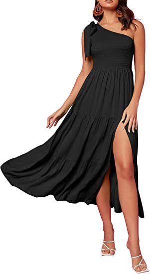 Andrea's™ |  Sommermode Ein-Schulter-Kleid mit plissiertem, geschichtetem Saum, geteilt