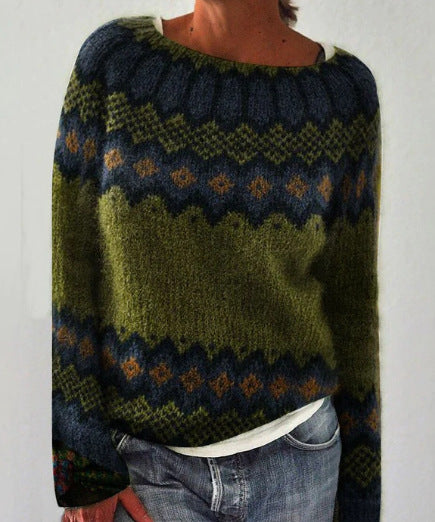 Andrea's™ | Moosgrüner Fair-Isle-Pullover mit grafischer Schattenpasse