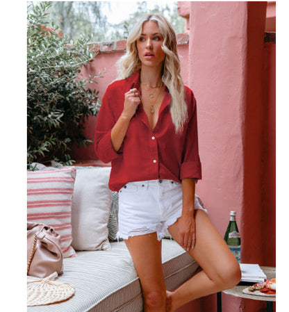 Andrea Serena Cardigan-Bluse mit lockerer Passform und Reverskragen