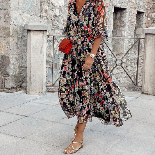 Andrea's™ | Fließendes Maxikleid mit Blumenmuster und V-Ausschnitt