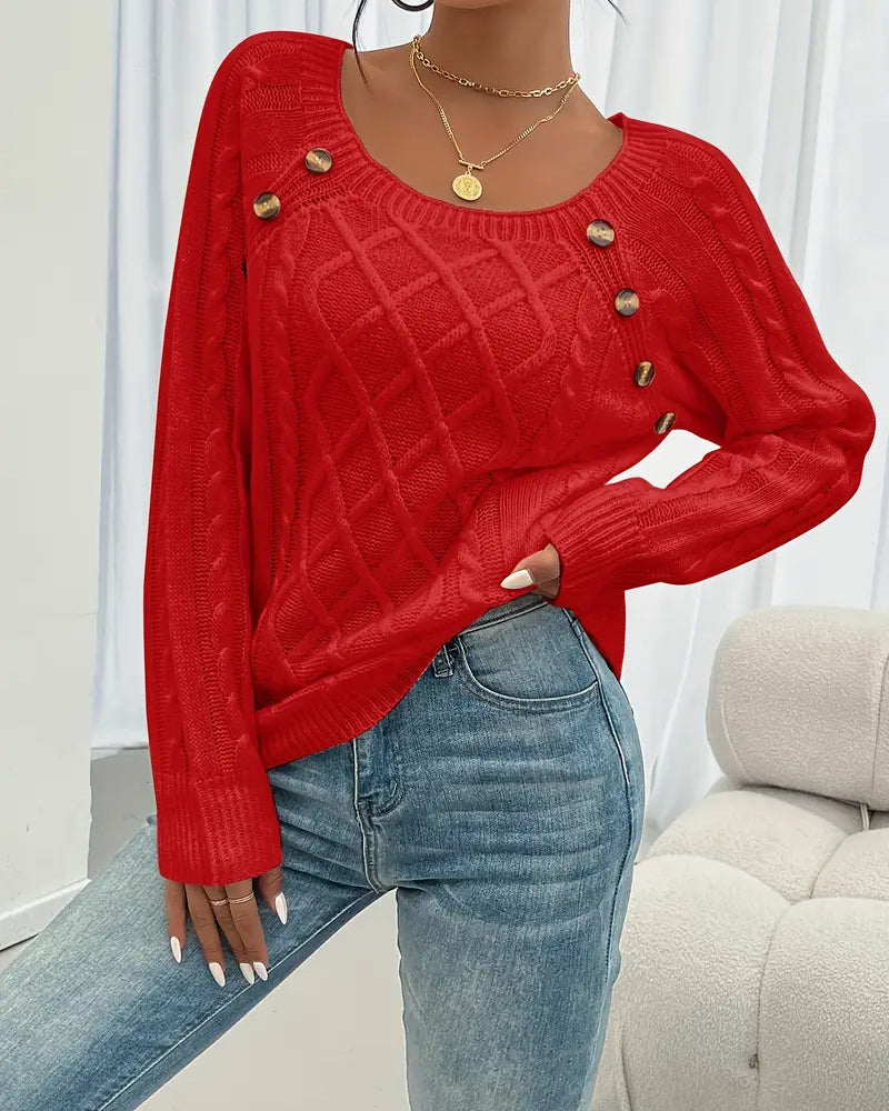 Andrea's™ | Pullover Uni Raglanärmel Schnalle Zopfmuster