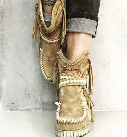 Andrea's™ | Fransen-Mokassin-Stiefeletten mit Schnallenriemen und Ziernähten