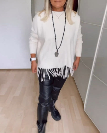 Andrea's™ | Einfarbiger Freizeitpullover mit Fransen