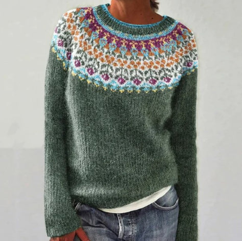 Salbeigrüner Fair-Isle-Pullover mit floraler Rundpasse
