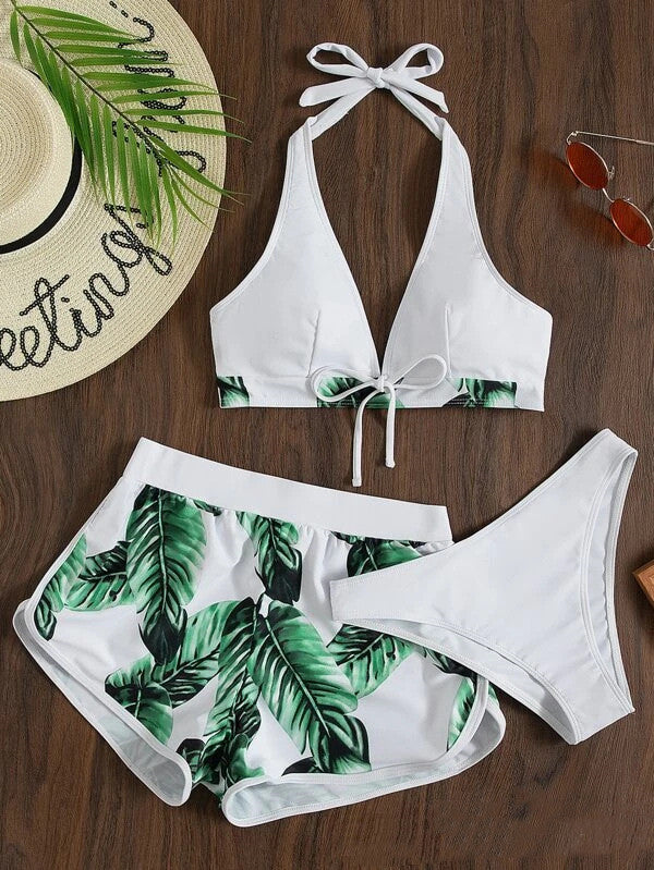 Andrea's™ | 3-teiliges Bikini-Set mit Blätterdruck und Shorts