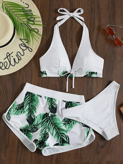 Andrea's™ | 3-teiliges Bikini-Set mit Blätterdruck und Shorts