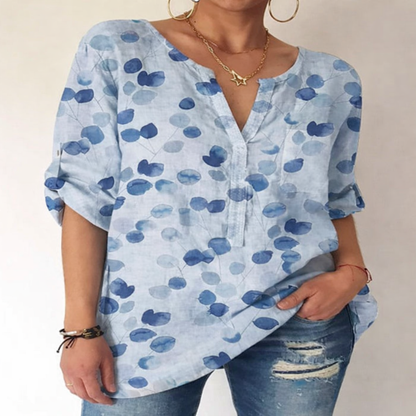 Bedruckte Baumwollbluse mit V-Ausschnitt von Andrea Serena