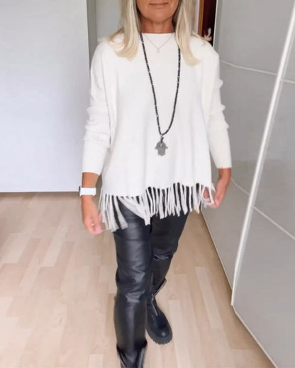 Andrea's™ | Einfarbiger Freizeitpullover mit Fransen