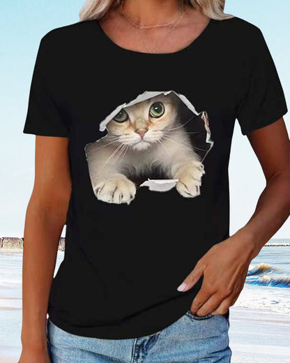 Andrea's™ | T-Shirt mit zerrissenem Katzen-Print