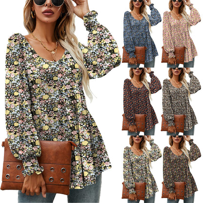Floral Puff Sleeve V-Neck Top by Andrea Serena