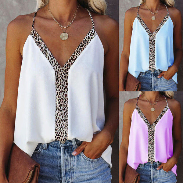 Chic Leopard Trim V-Neck Blouse by Andrea Serena