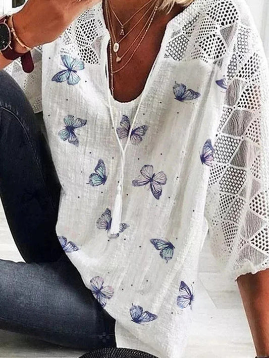 Boho Butterfly Print Andrea Serena V-Neck Blouse