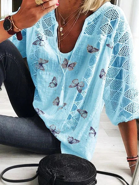 Boho-Bluse mit Schmetterlingsmuster von Andrea Serena mit V-Ausschnitt
