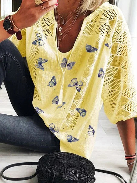 Boho-Bluse mit Schmetterlingsmuster von Andrea Serena mit V-Ausschnitt