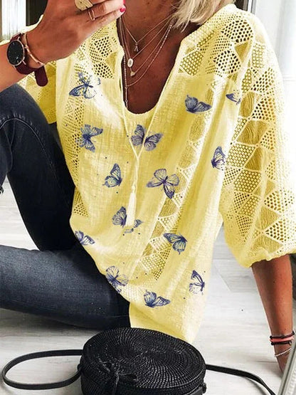 Boho-Bluse mit Schmetterlingsmuster von Andrea Serena mit V-Ausschnitt
