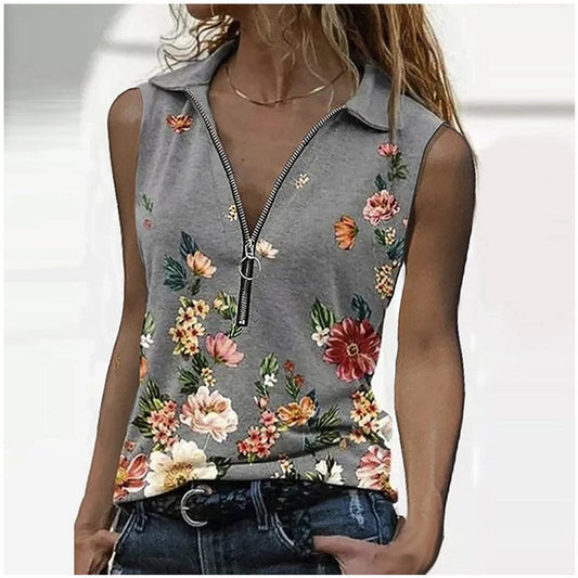 Floral Zip Slim Top Andrea Serena Sleeveless Blouse