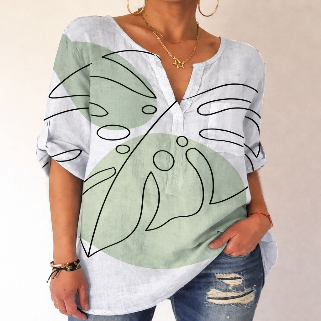 Bedruckte Baumwollbluse mit V-Ausschnitt von Andrea Serena
