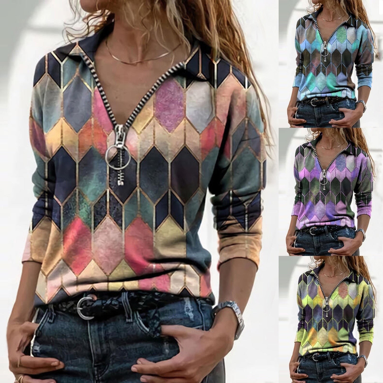 Colorful Zip V-Neck Top Andrea Serena Perfect-Fit