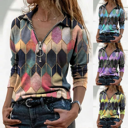 Colorful Zip V-Neck Top Andrea Serena Perfect-Fit
