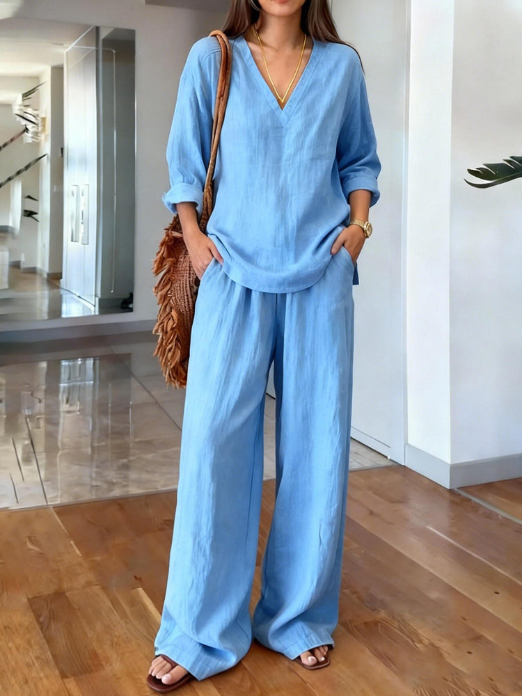 Damen-Baumwoll-Langarmshirt und -Hose in verschiedenen Farben, vorgewaschen