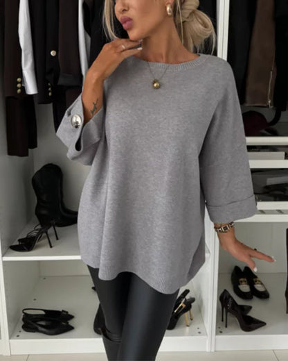 Andrea's™ | Modischer pullover mit rundhalsausschnitt und knopfleiste in unifarbe