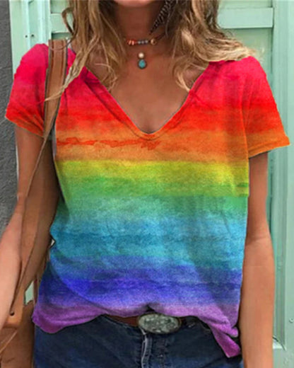 Andrea's™ | Lässiges T-Shirt mit V-Ausschnitt und Regenbogen-Print