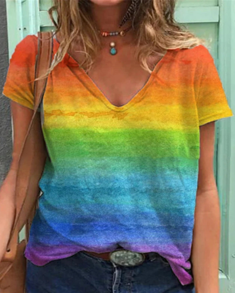 Andrea's™ | Lässiges T-Shirt mit V-Ausschnitt und Regenbogen-Print