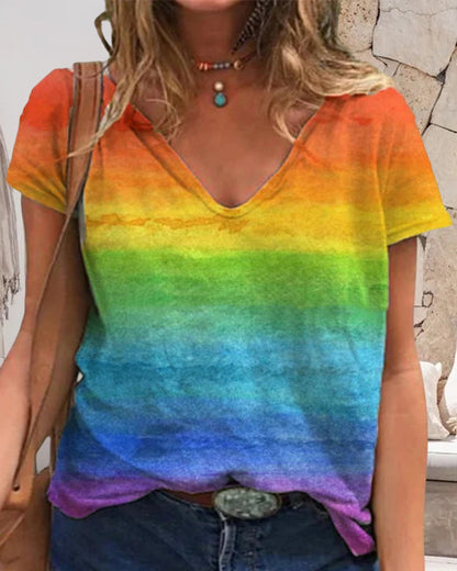 Andrea's™ | Lässiges T-Shirt mit V-Ausschnitt und Regenbogen-Print