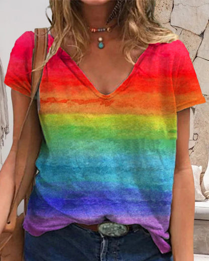 Andrea's™ | Lässiges T-Shirt mit V-Ausschnitt und Regenbogen-Print