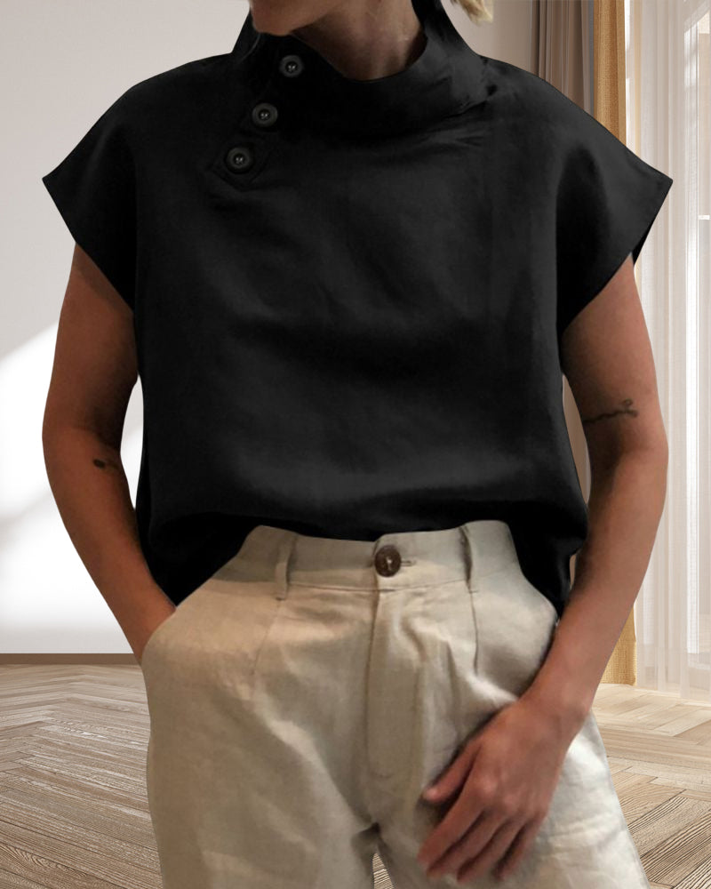 Andrea's™ | Oberteil mit Stehkragen aus Baumwolle und Leinen