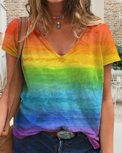 Andrea's™ | Lässiges T-Shirt mit V-Ausschnitt und Regenbogen-Print