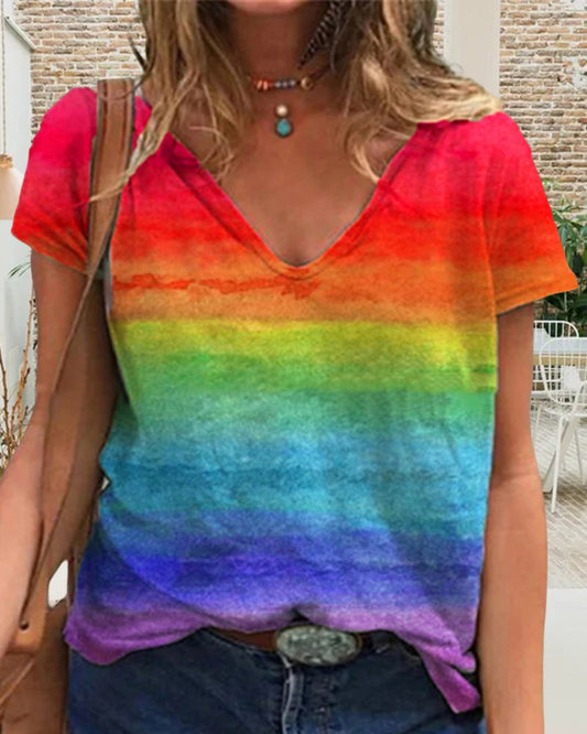 Andrea's™ | Lässiges T-Shirt mit V-Ausschnitt und Regenbogen-Print
