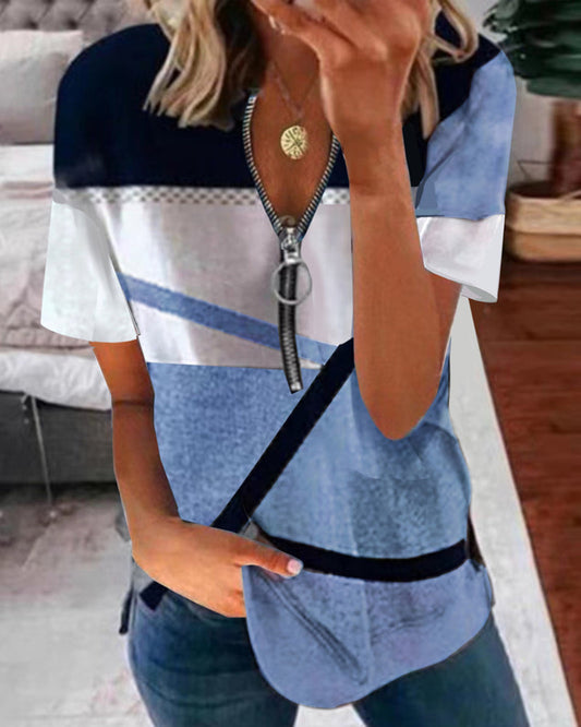 Andrea's™ | T-Shirt mit Aufdruck mit kurzen Ärmeln mit Reißverschluss