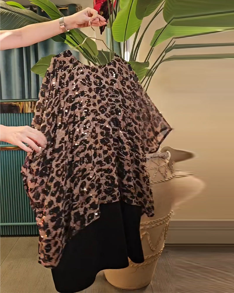 Andrea's™ | T-Shirt Leopardenmuster mit Pailletten Fledermausärmel