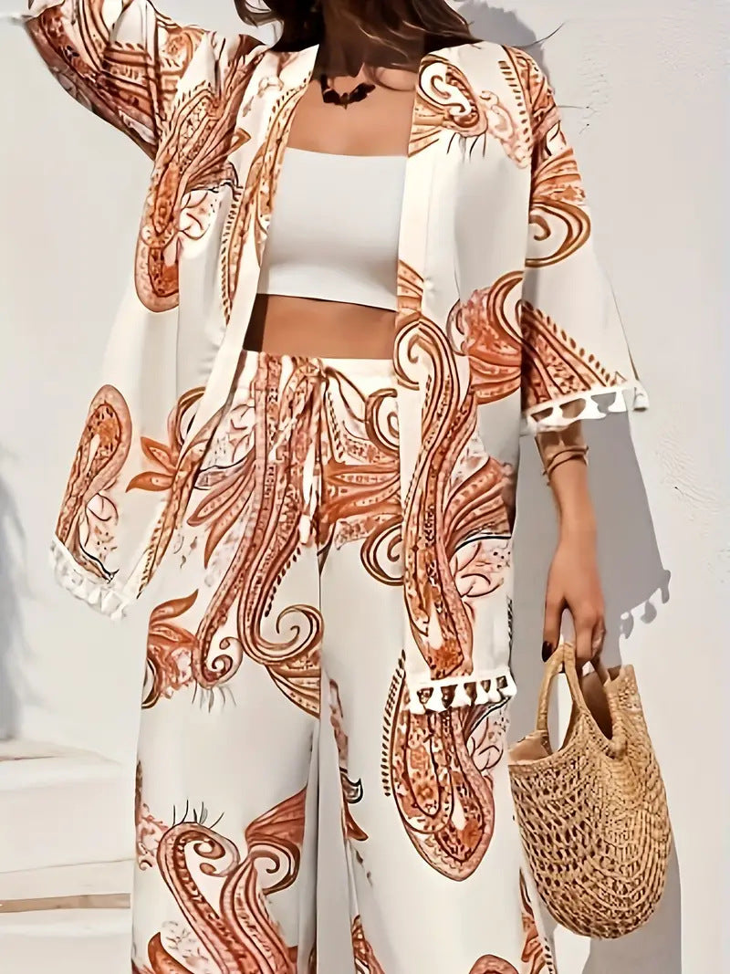 Schickes bedrucktes Andrea Serena Cardigan-Hosen-Set