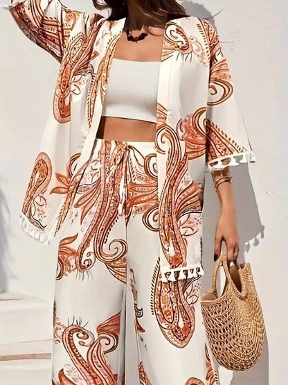 Schickes bedrucktes Andrea Serena Cardigan-Hosen-Set