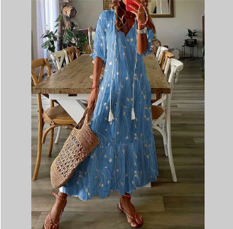 Andrea's™ | Lockeres Kleid mit V-Ausschnitt, Print, Quasten und halblangen Ärmeln