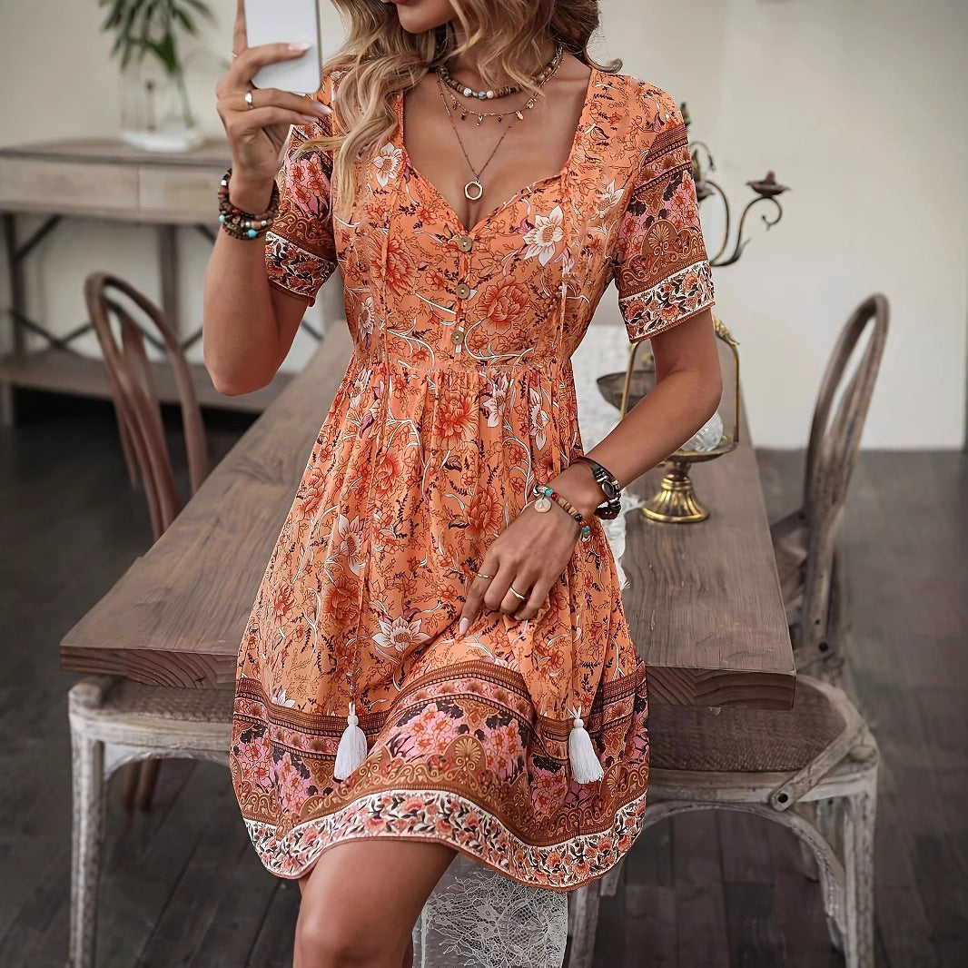 Sommerkleid im Boho-Stil mit Blumenmuster von Andrea Serena, A-Linie