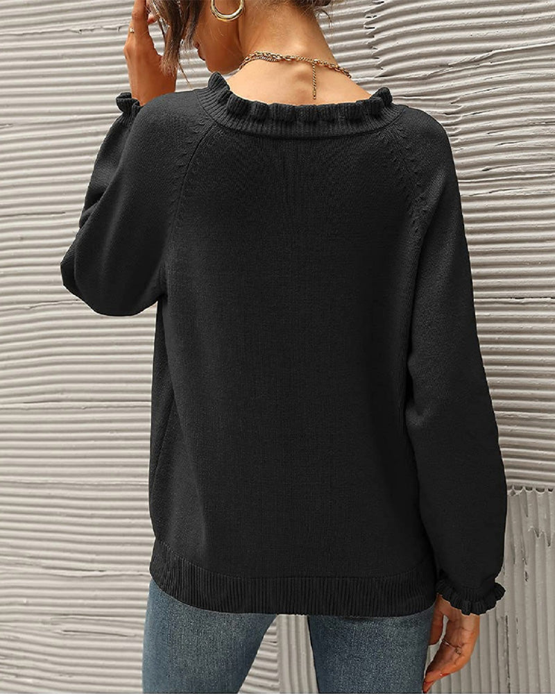 Andrea's™ | Lässiger, einfarbiger pullover mit reversknopf und rüschen