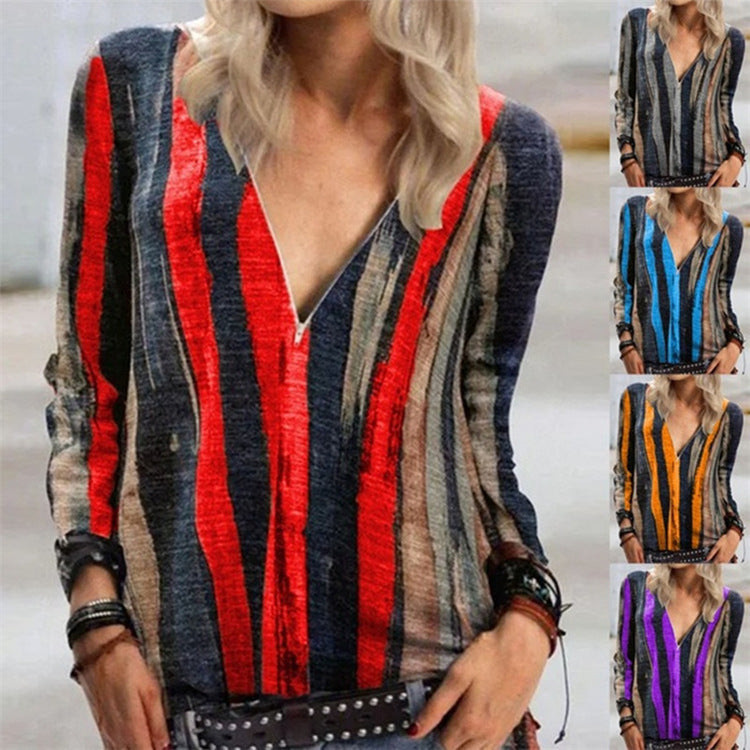 Vibrant Stripe Andrea Serena V-Neck Zip Top