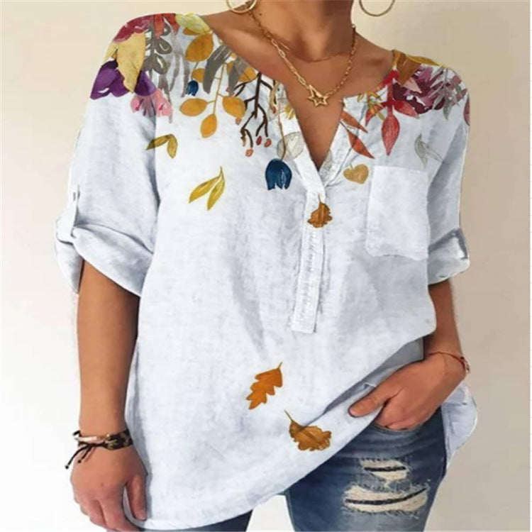Bedruckte Baumwollbluse mit V-Ausschnitt von Andrea Serena