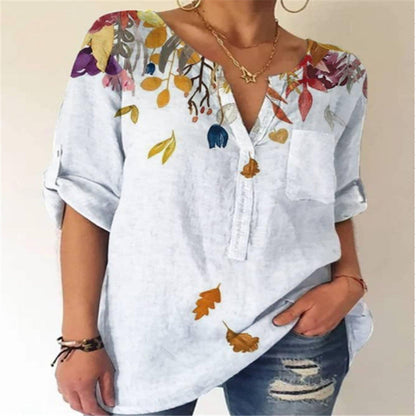 Bedruckte Baumwollbluse mit V-Ausschnitt von Andrea Serena