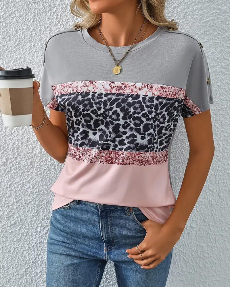 Andrea's™ | T-Shirt Rundhalsausschnitt Leopardenmuster Farbblock