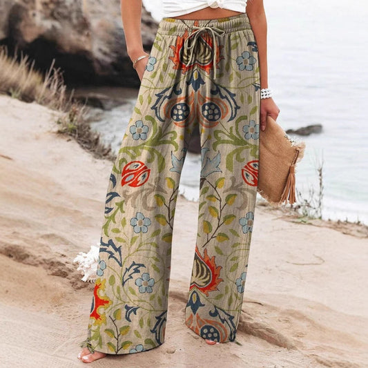 Boho-Hose mit botanischem Muster von Andrea Serena für Damen mit weitem Bein