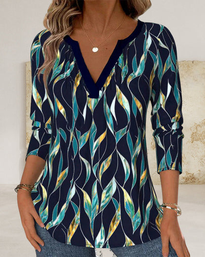 Andrea's™ | T-Shirt lässiger Blätterdruck V-Ausschnitt