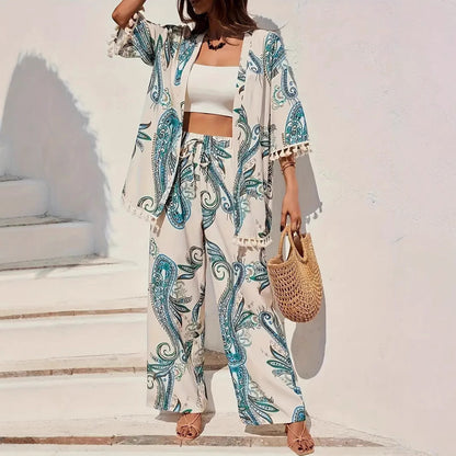 Chic Printed Andrea Serena Cardigan Pants Set