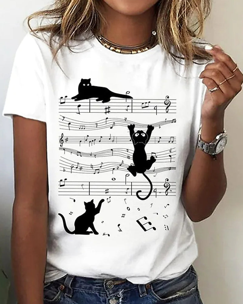 Andrea's™ | Rundhals-T-Shirt mit musikalischem Katzendruck