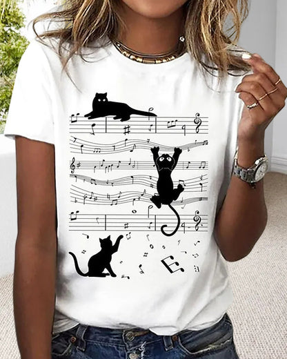 Andrea's™ | Rundhals-T-Shirt mit musikalischem Katzendruck